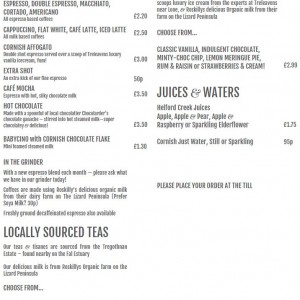 Picnic Cornwall Drinks Menu