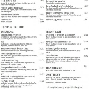 Picnic Cornwall Food Menu